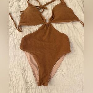 Victoria's Secret Shimmery Nude and Gold cut out One Piece swimsuit